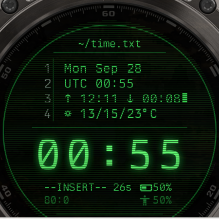 Vim Glow running in the Garmin Fenix 8 simulator, showing green terminal text, scanlines, and a large glowing clock